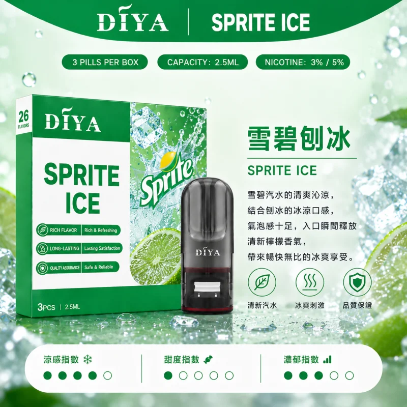 替換式煙彈｜DIYA 叮啞 一代通用煙彈｜2.5mL大容量 1.2Ω網狀芯 三入裝 雪碧刨冰